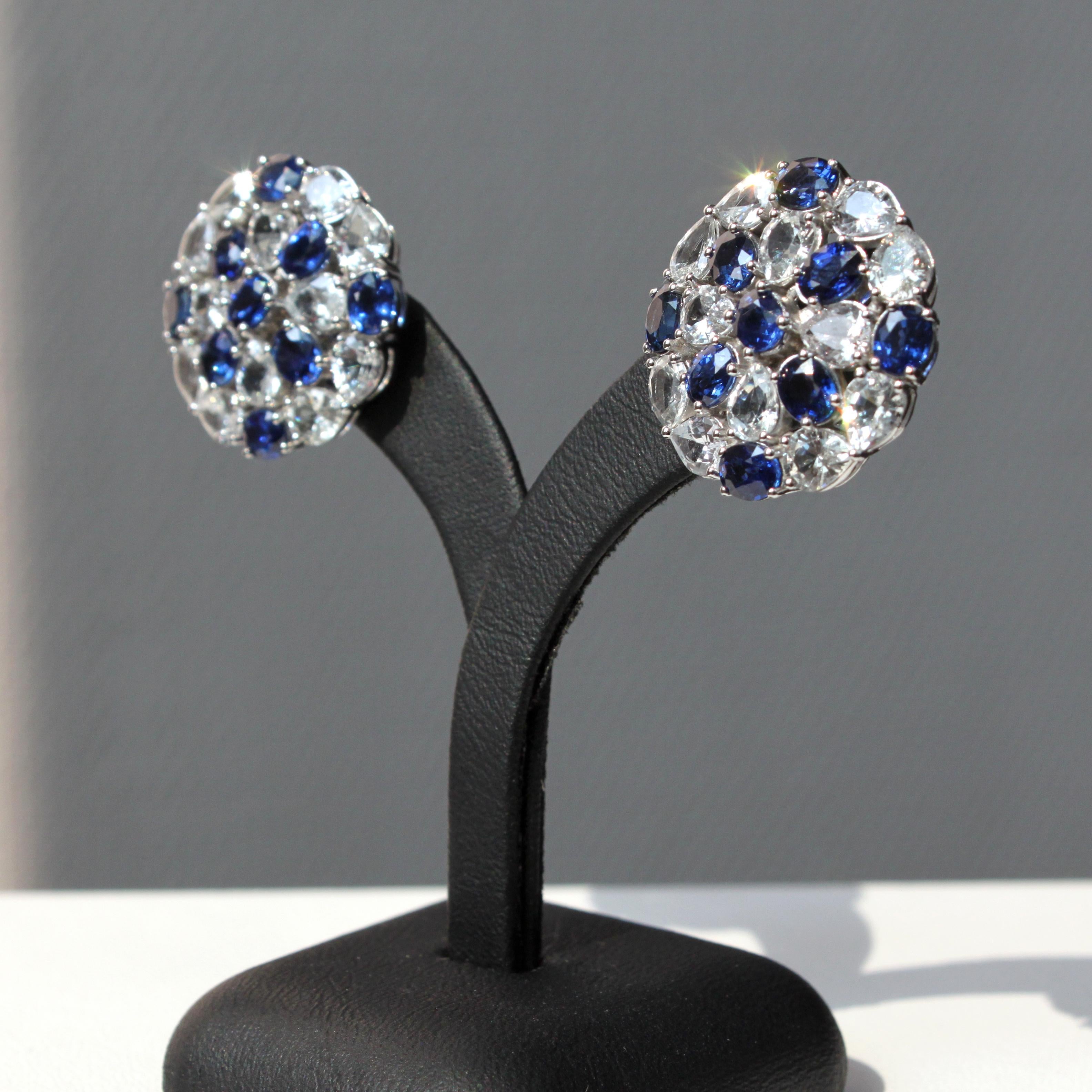 Blue and White Sapphire Earrings in Gleaming 14K White Gold In New Condition For Sale In Bangkok, TH