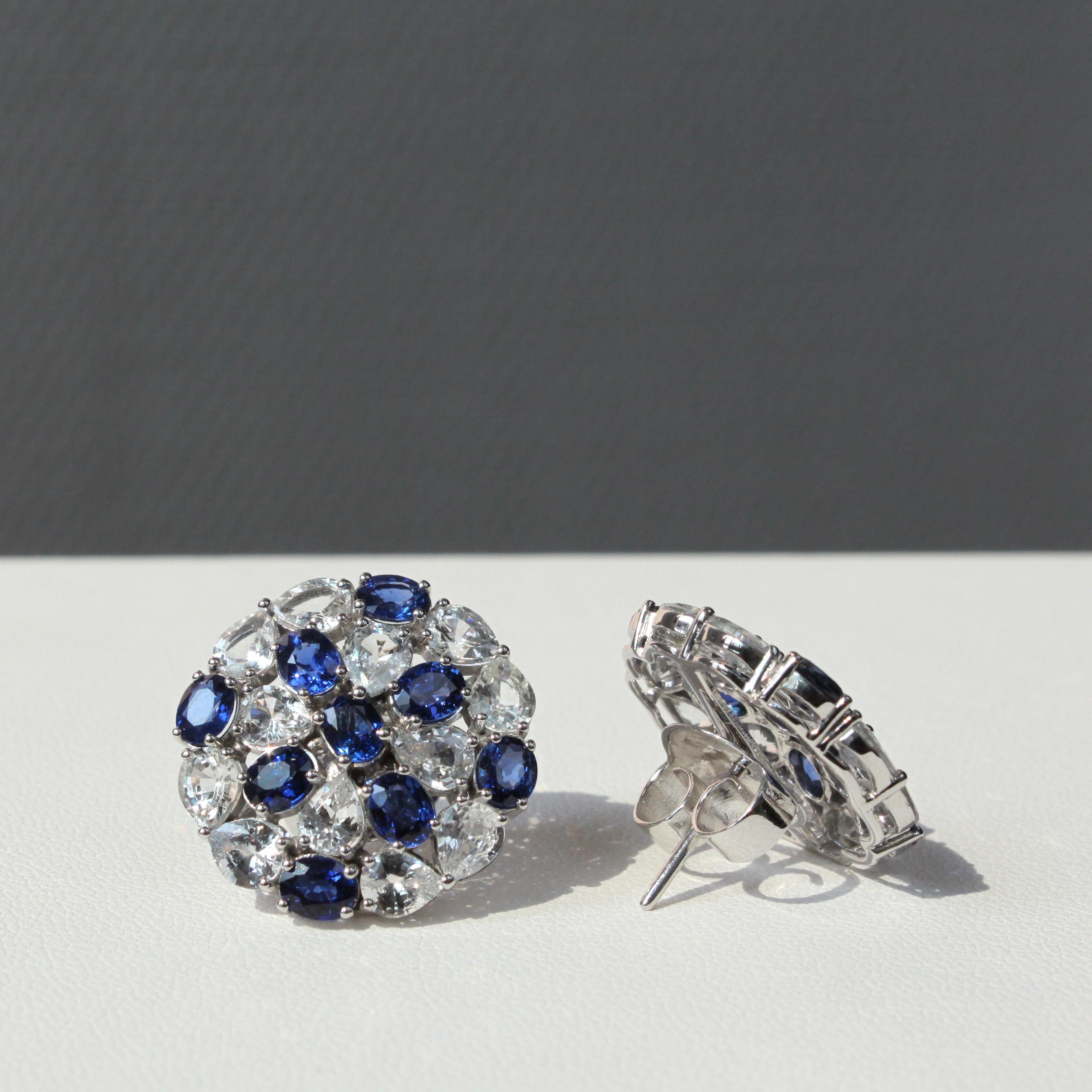 Blue and White Sapphire Earrings in Gleaming 14K White Gold For Sale 1