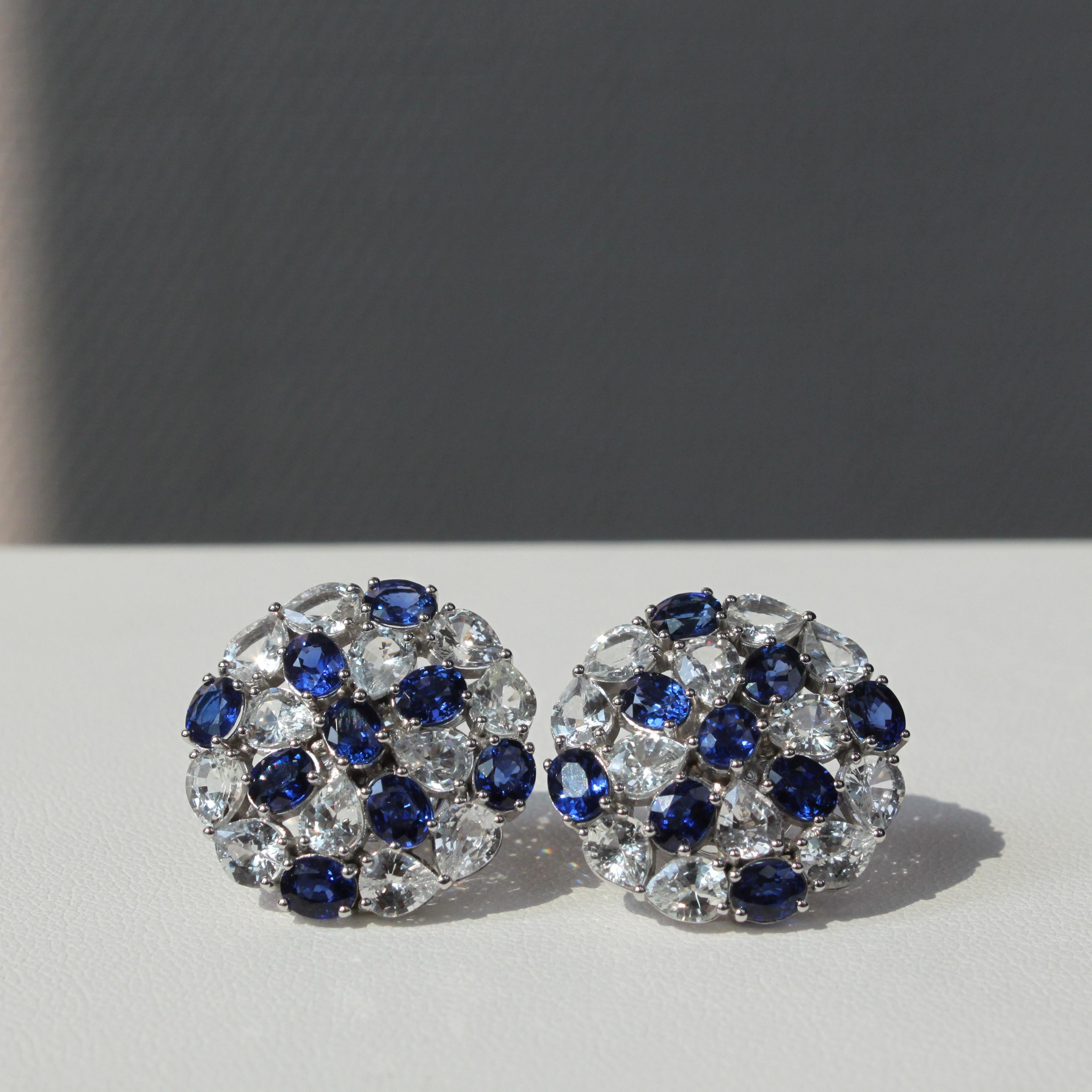 Blue and White Sapphire Earrings in Gleaming 14K White Gold For Sale 2