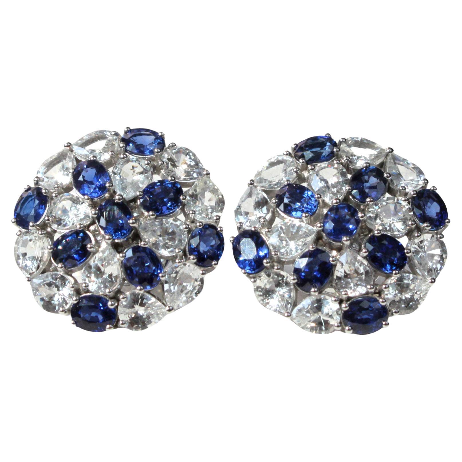 Blue and White Sapphire Earrings in Gleaming 14K White Gold For Sale