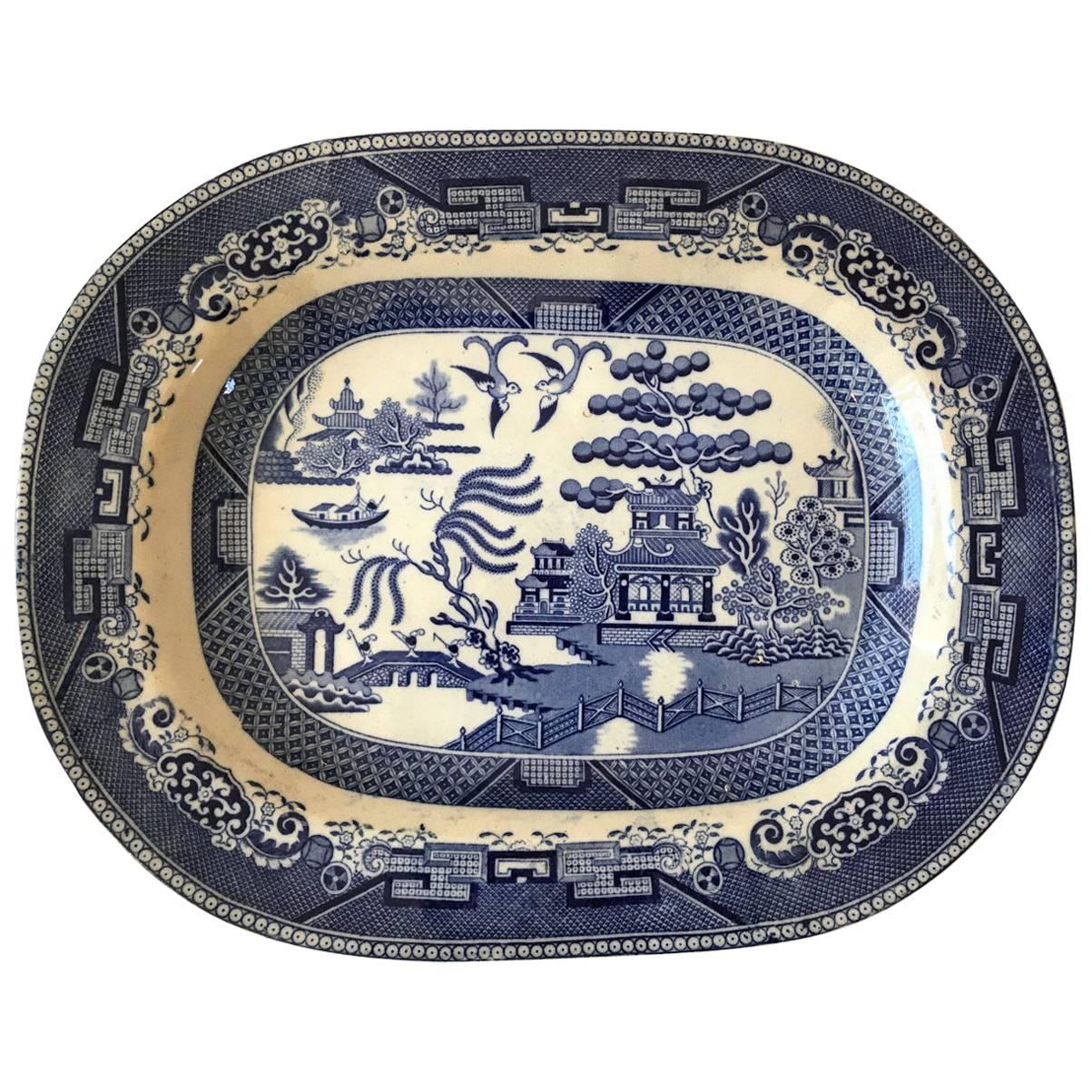 Blue and White Scenic Transferware Platter, Asian Motif, circa 1890 For Sale