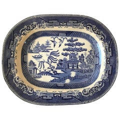 Antique Blue and White Scenic Transferware Platter, Asian Motif, circa 1890