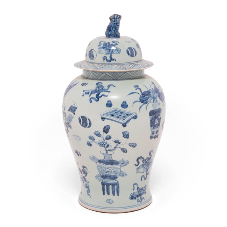 Glazed Blue and White Scholar's Joy Ginger Jar For Sale