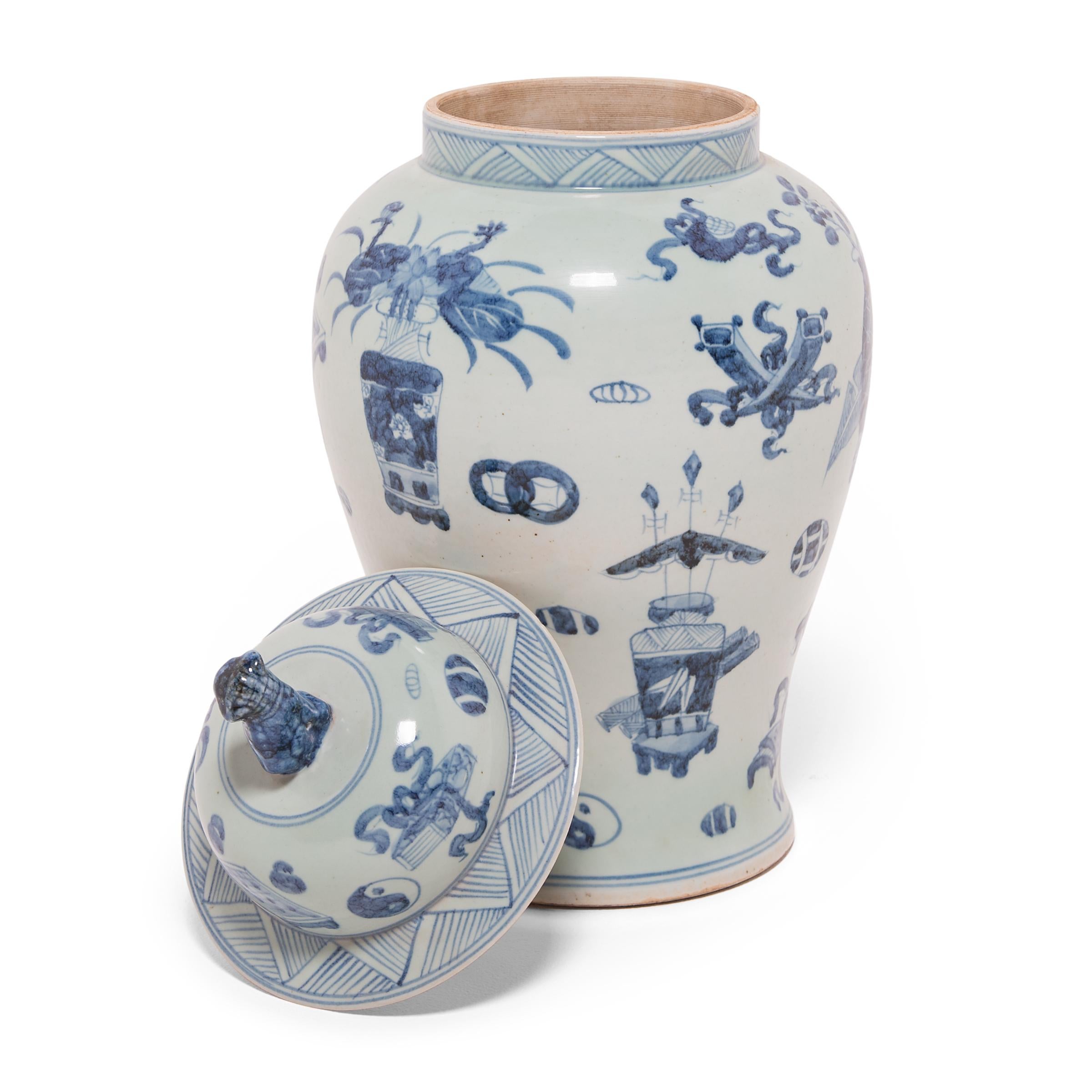 Chinese Export Blue and White Scholar's Joy Ginger Jar For Sale