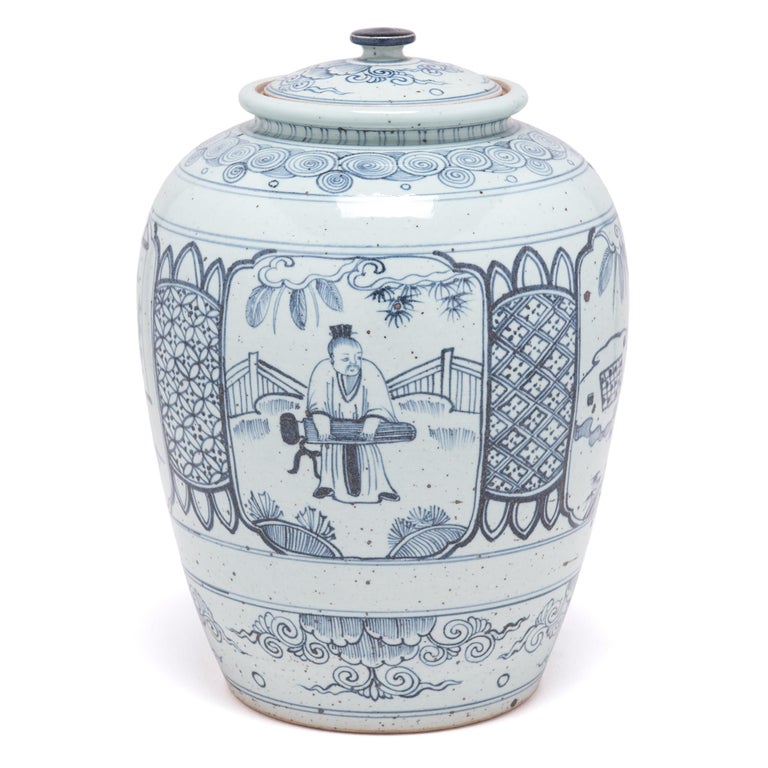 Working within the time-honored tradition of Chinese blue-and-white ceramics, this lidded ginger jar depicts a Qing-dynasty man engaged in the four arts he must master to become a renowned scholar. Separated by screen motifs with an eternal coin