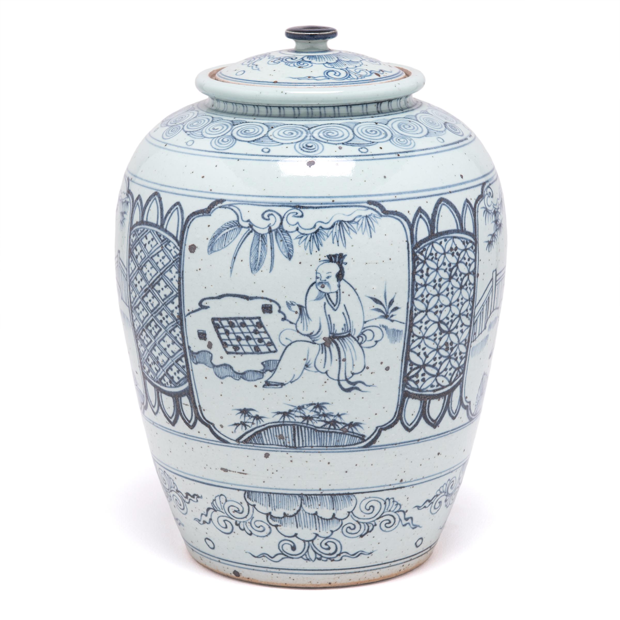 Glazed Chinese Blue and White Scholars' Scene Ginger Jar For Sale