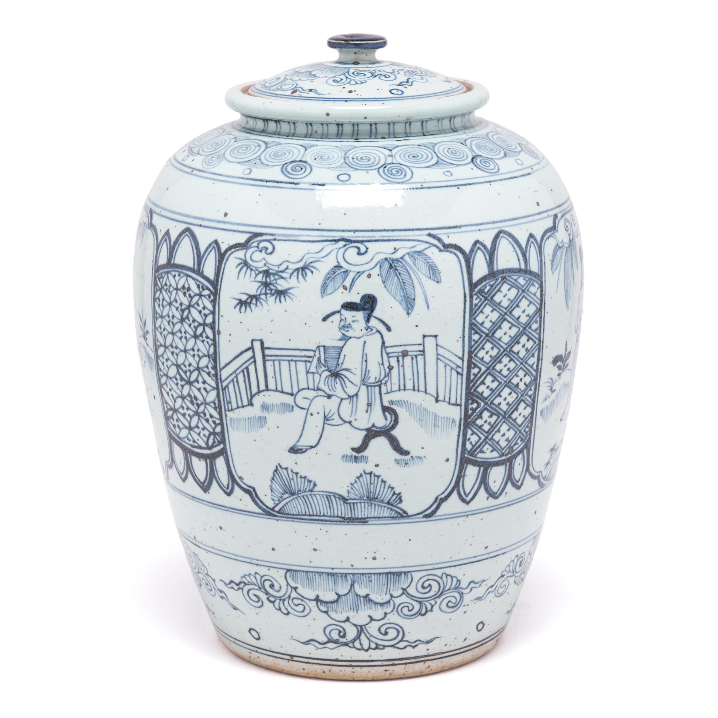 Chinese Blue and White Scholars' Scene Ginger Jar In Excellent Condition For Sale In Chicago, IL