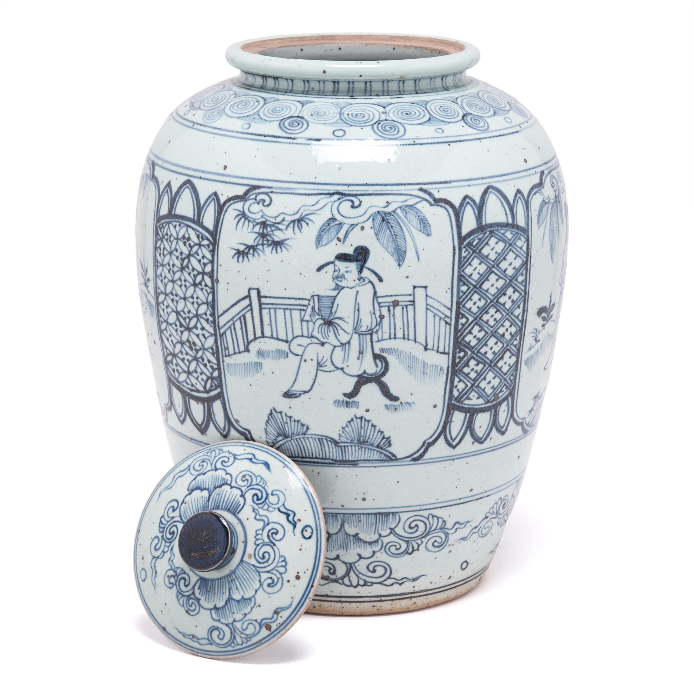 Contemporary Chinese Blue and White Scholars' Scene Ginger Jar For Sale