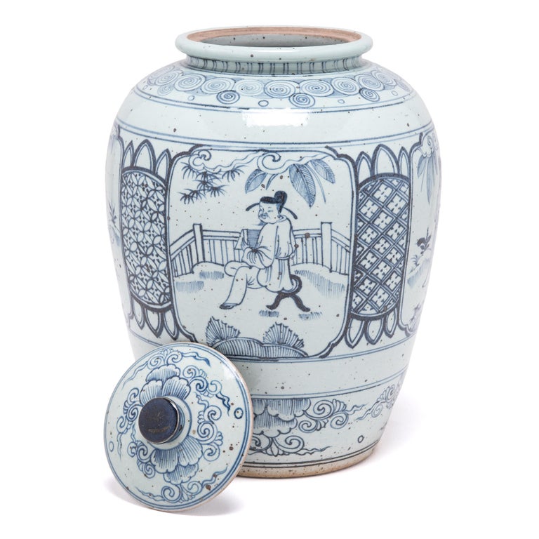 Blue and White Scholars' Scene Ginger Jar In Excellent Condition For Sale In Chicago, IL