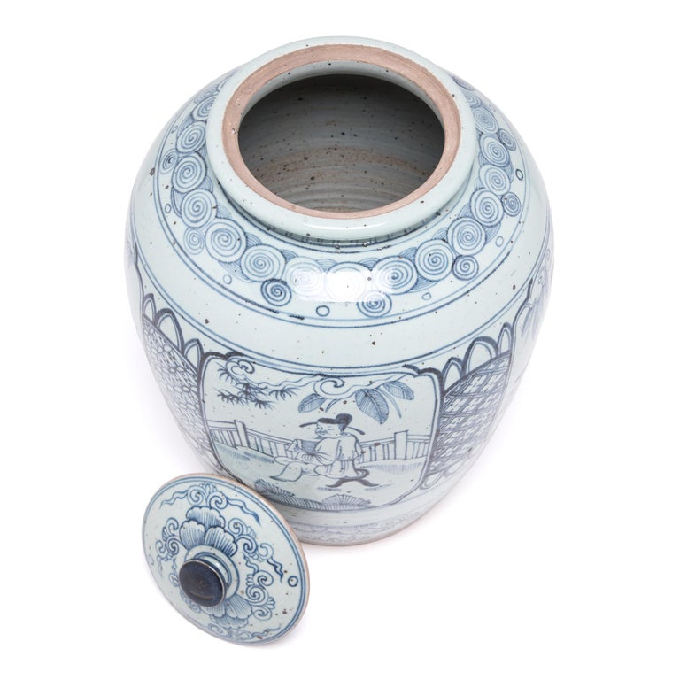 Contemporary Blue and White Scholars' Scene Ginger Jar For Sale