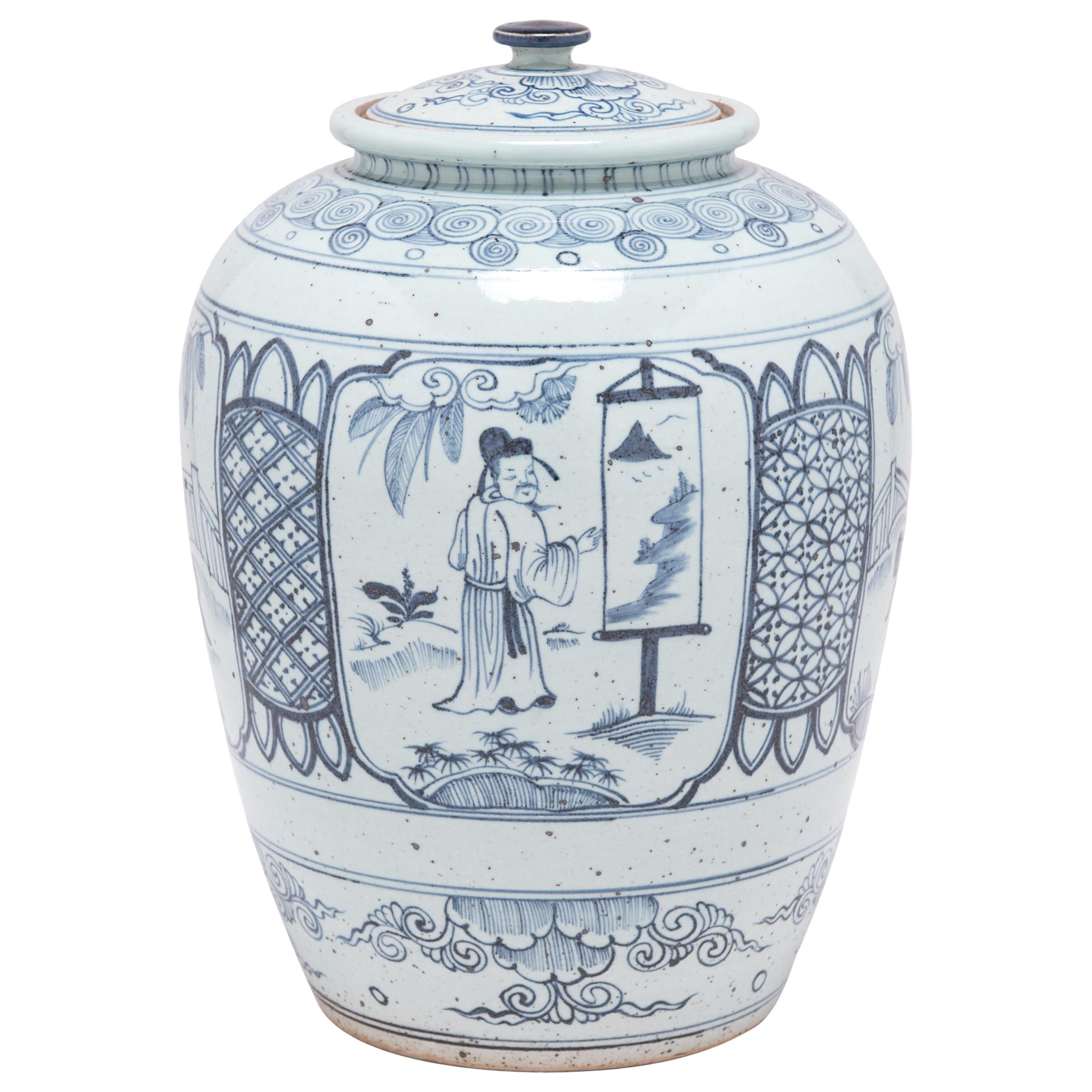 Chinese Blue and White Scholars' Scene Ginger Jar