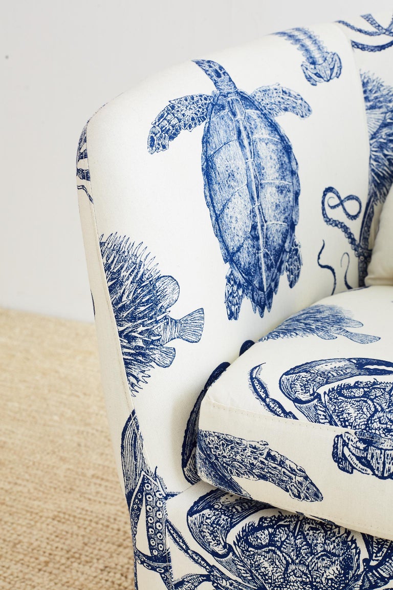 Blue and White Sea Life Nautical Club Chair For Sale at 1stdibs