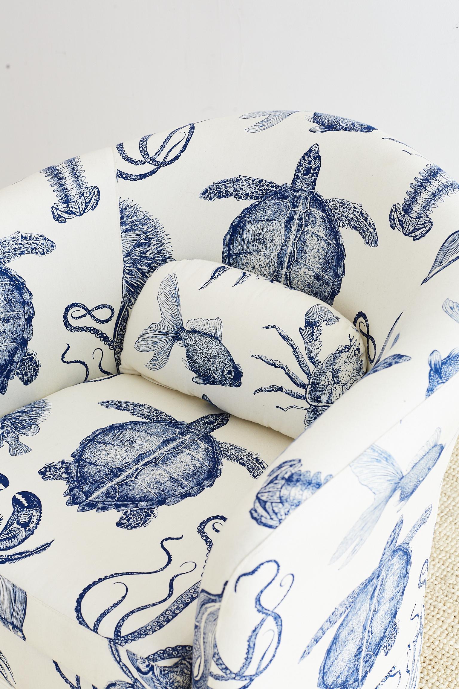 Contemporary Blue and White Sea Life Nautical Club Chair