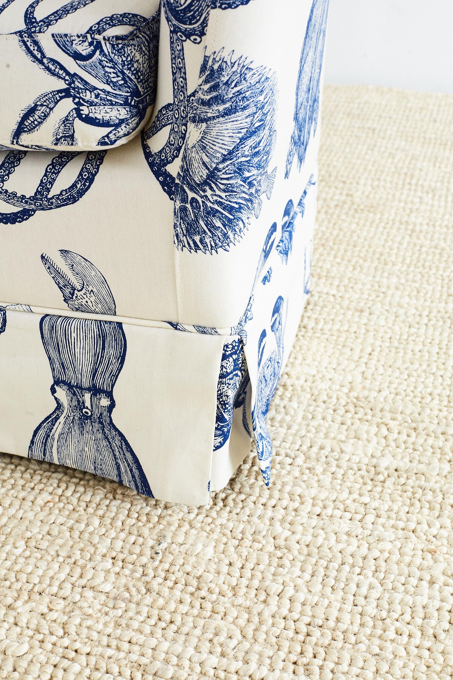 Fabric Blue and White Sea Life Nautical Club Chair