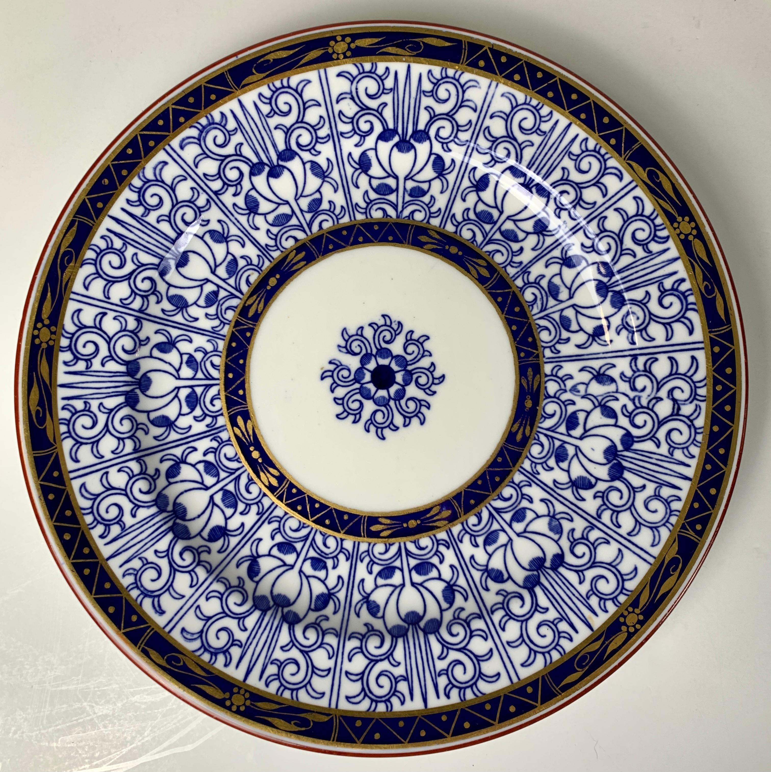 This exceptional blue and white set of Royal Lily Pattern dinner dishes was made in England in 1877.
The dozen dinner plates are beautifully painted in underglaze blue in the exquisite Worcester 