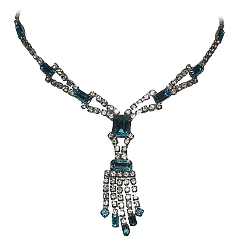 Blue and White Silver Tone Rhinestone Necklace For Sale