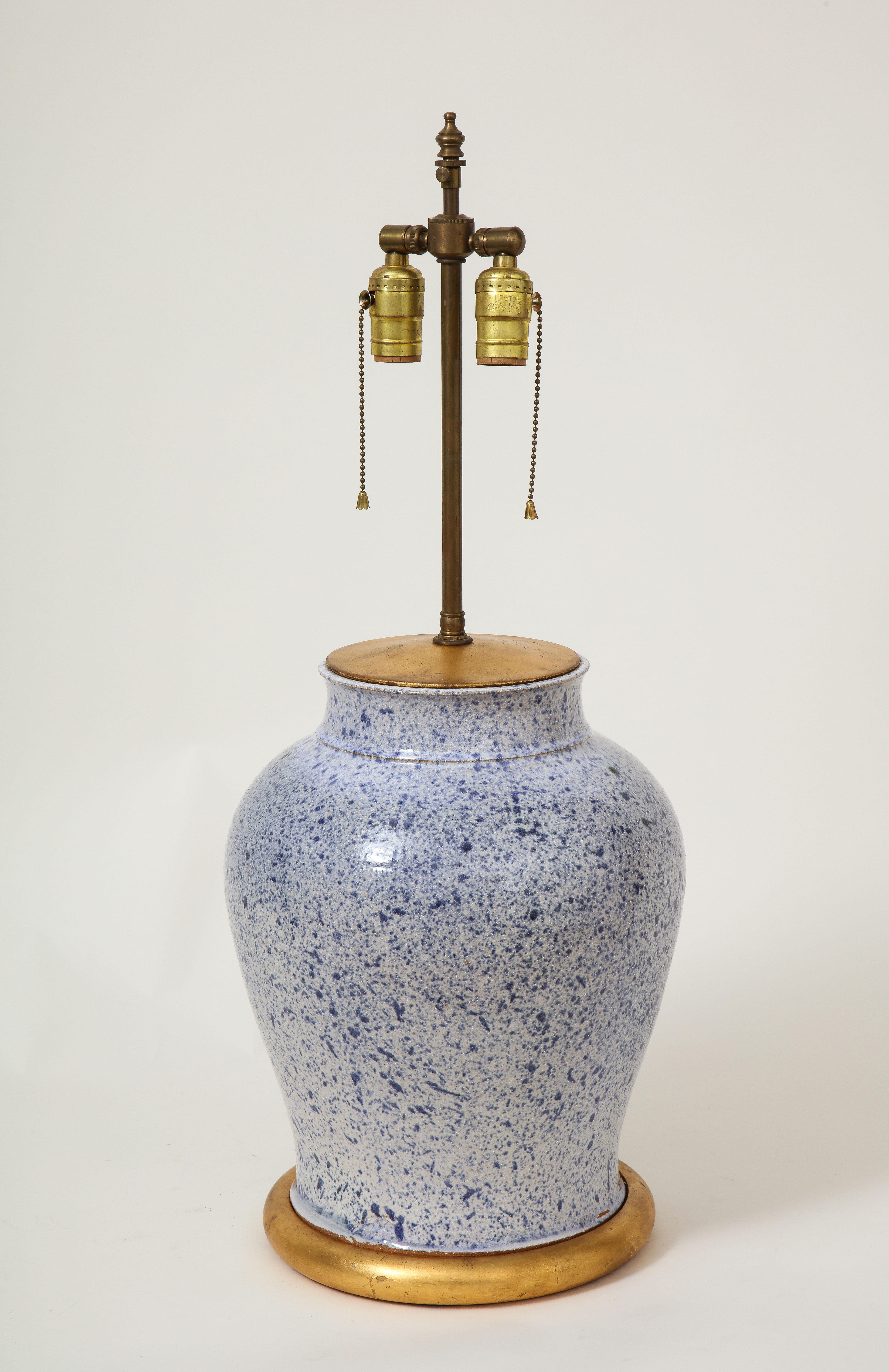 20th Century Blue and White Spatterware Ceramic Lamp