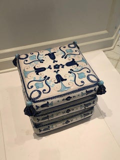 Blue and White Stacked Pillow Motife Garden Seat End Table