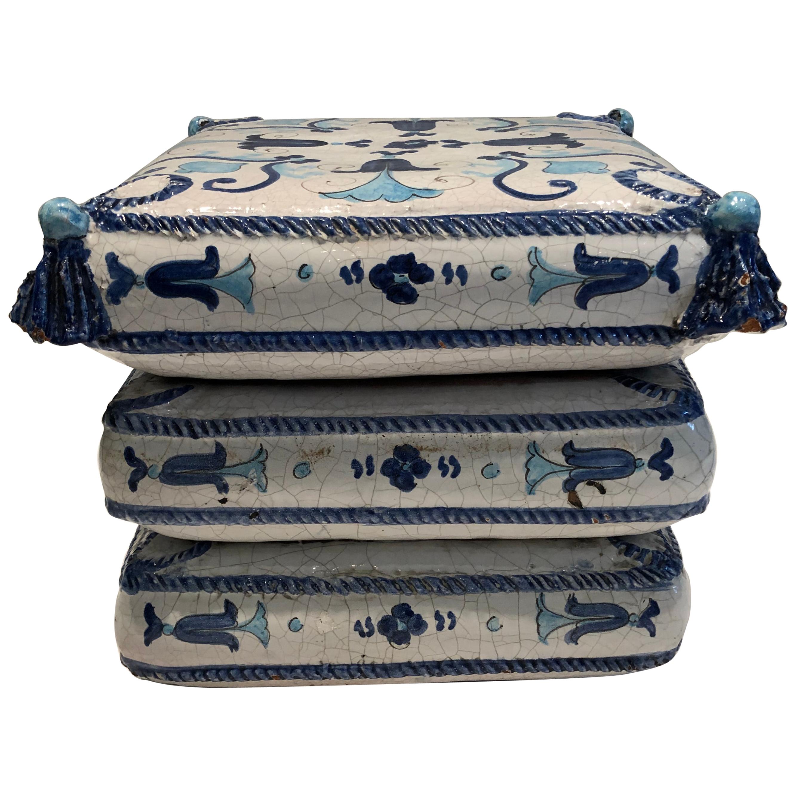 Blue and White Stacked Pillow Motife Garden Seat End Table