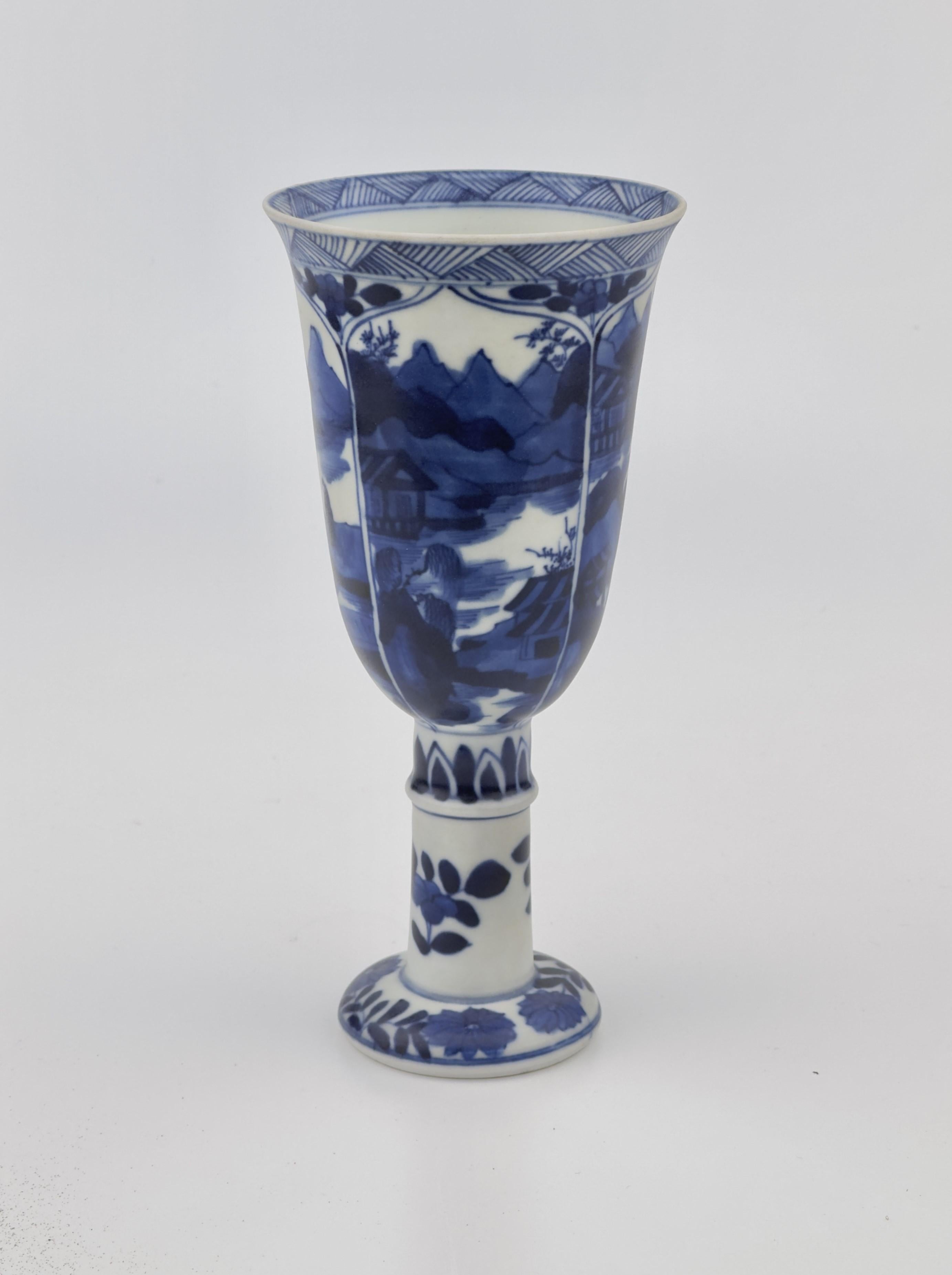 Glazed Blue and White Stemcup, Qing Dynasty, Kangxi Era, circa 1690 For Sale
