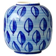 Blue and White Stoneware Vase by Hertha Bengtson. Rorstrand, Sweden, 1950s.