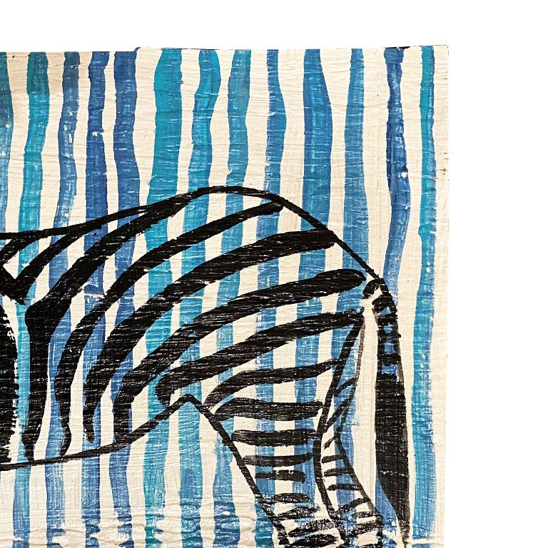 Zebra-Gemälde auf Holz mit blau-weiß gestreiften Streifen (Volkskunst) im Angebot