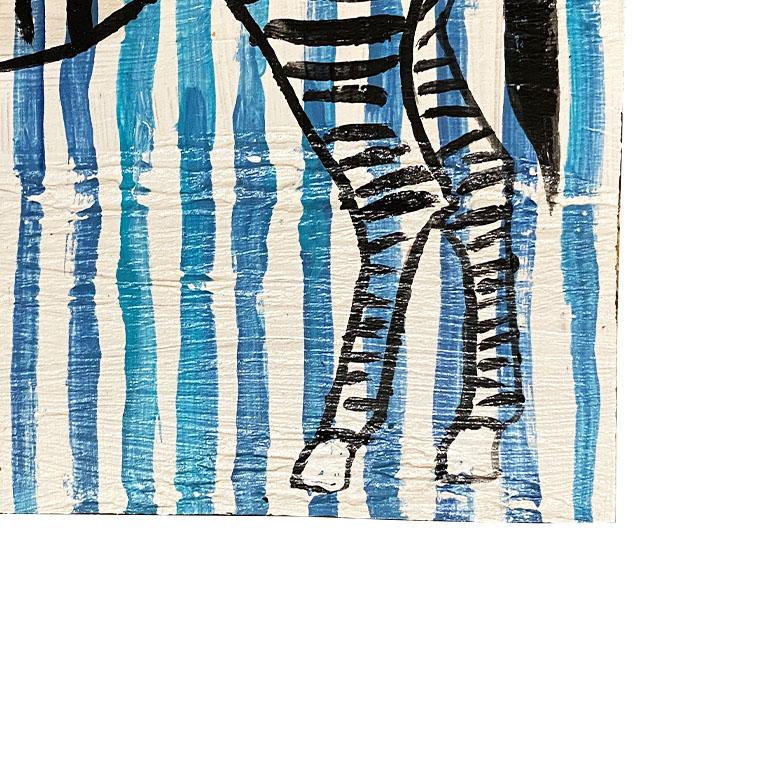 Zebra-Gemälde auf Holz mit blau-weiß gestreiften Streifen (amerikanisch) im Angebot