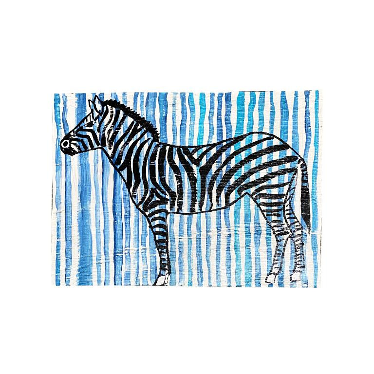 Contemporary Blue and White Stripe Zebra Painting on Wood For Sale