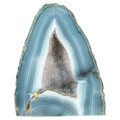 Blue and White Striped Lace Agate Geode with Crystal Druzy, a Geological Artwork