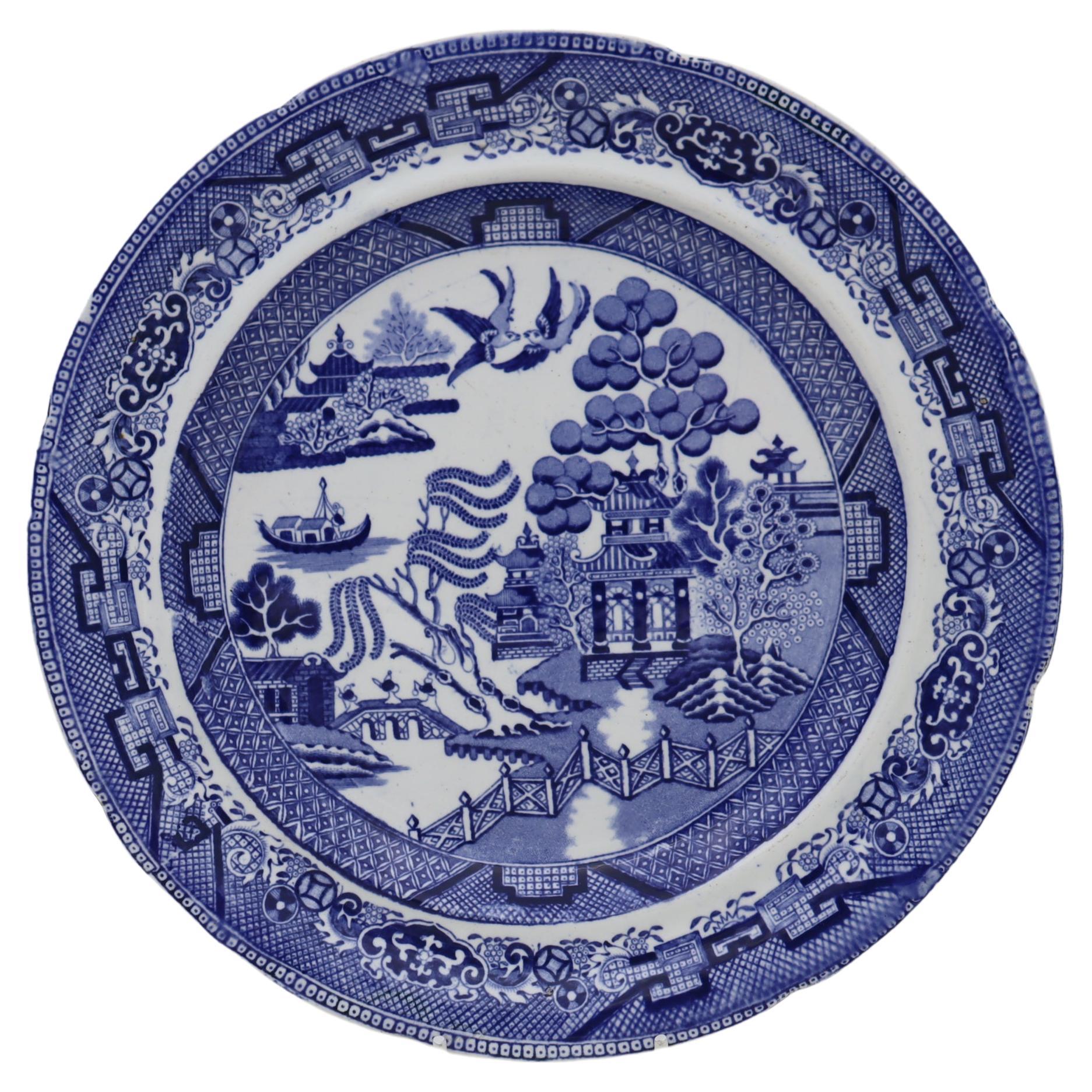 Blue and white Swansea Willow pattern plate