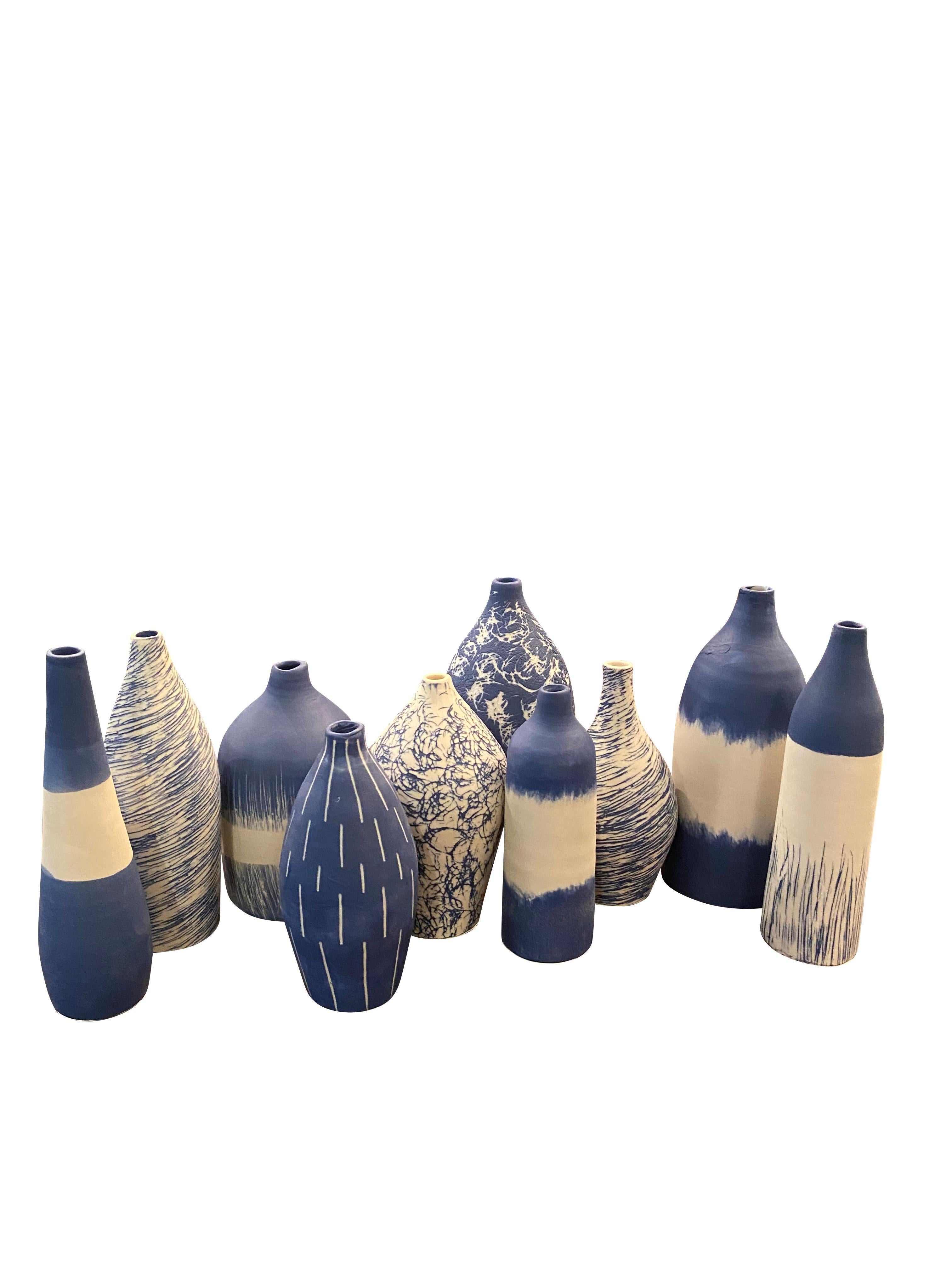 Ceramic Blue and White Swirl Design Hand Made Vase, Italy, Contemporary