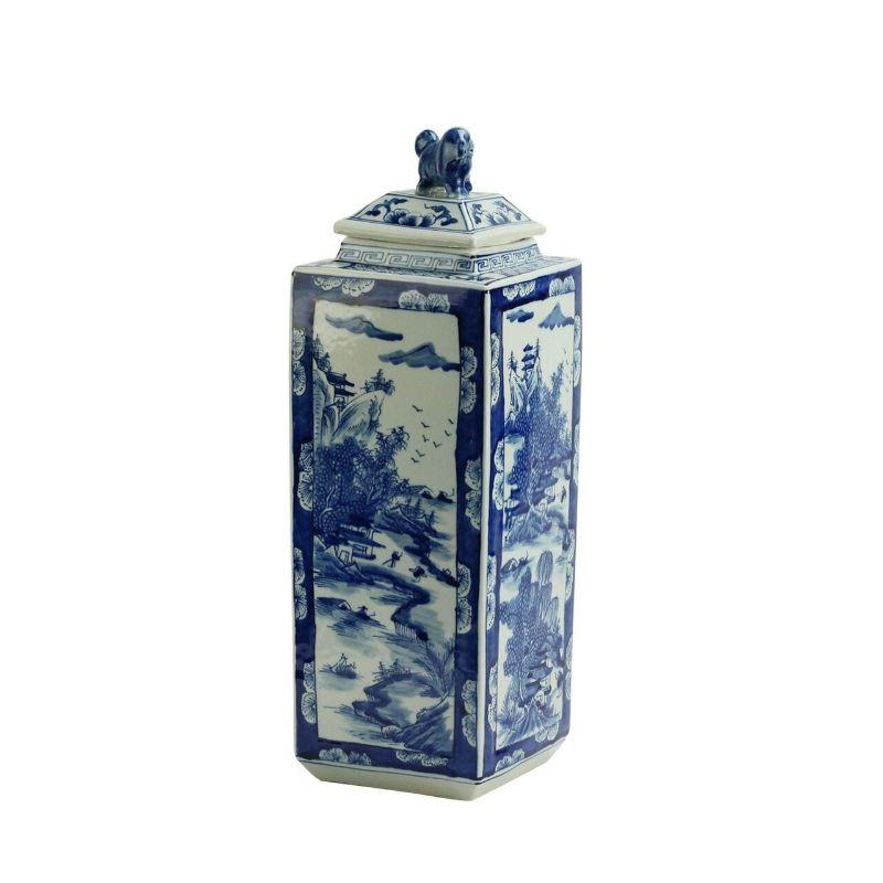Blue and white tall square jar landscape

The special antique process makes it looks like a piece of art from a museum. 
High fire porcelain, 100% hand shaped, hand painted. Distress, chips and other imperfections create great characters of this