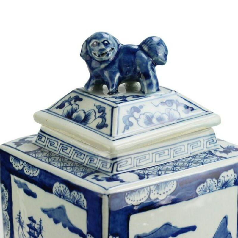 Chinese Chippendale Blue and White Tall Square Jar Landscape For Sale