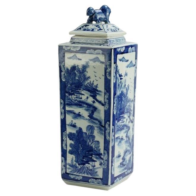 Blue and White Tall Square Jar Landscape For Sale