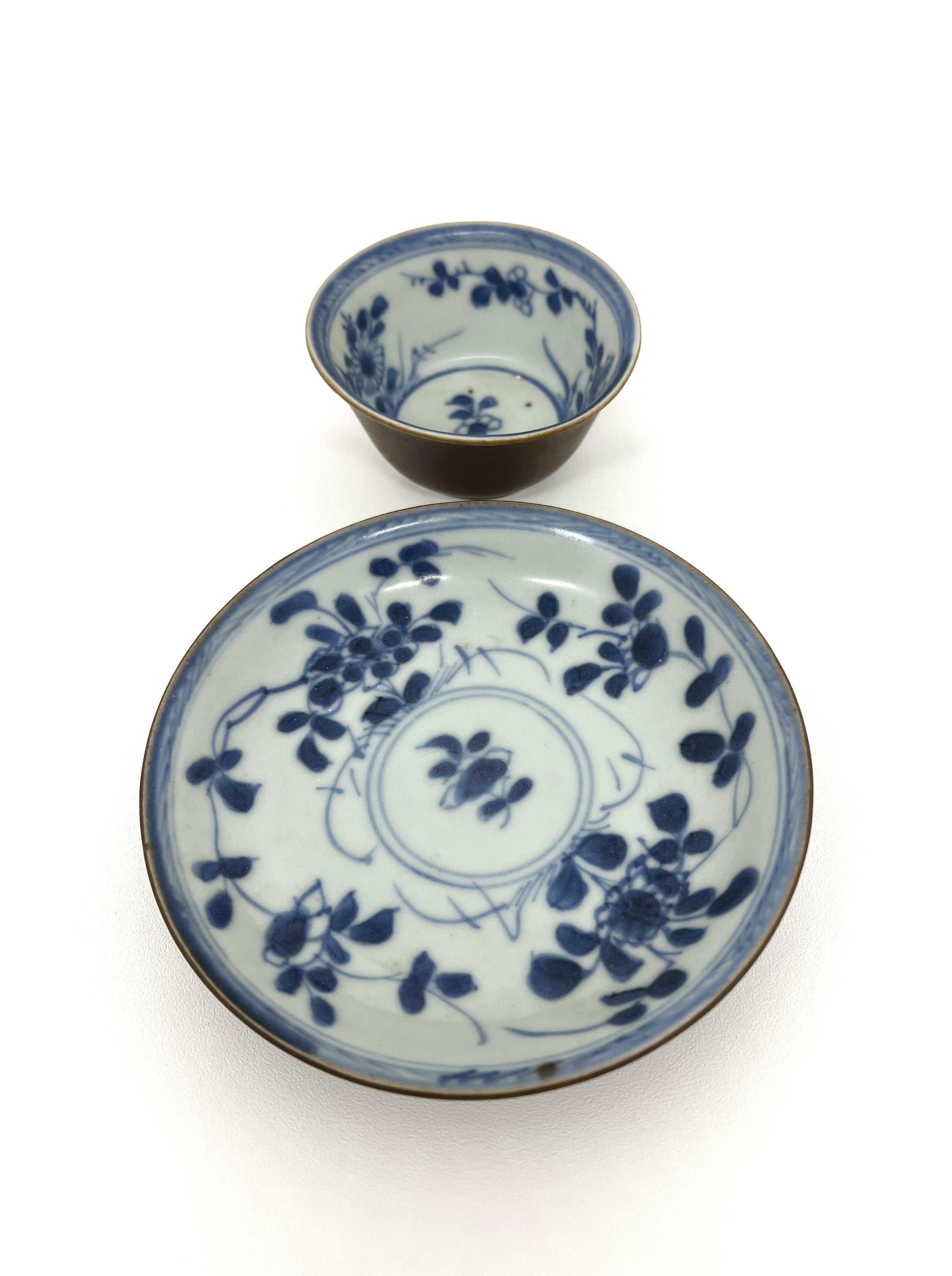 Chinese Blue And White Teabowl And Saucer Set Circa 1725, Qing Dynasty, Yongzheng Era For Sale