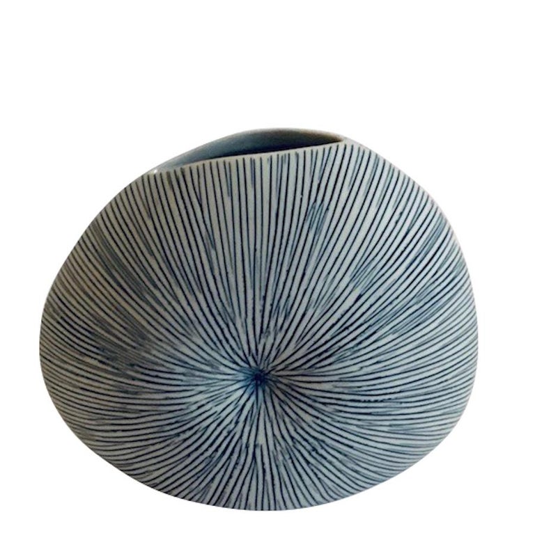 Blue and White Thin Striped Round Small Vase at 1stDibs