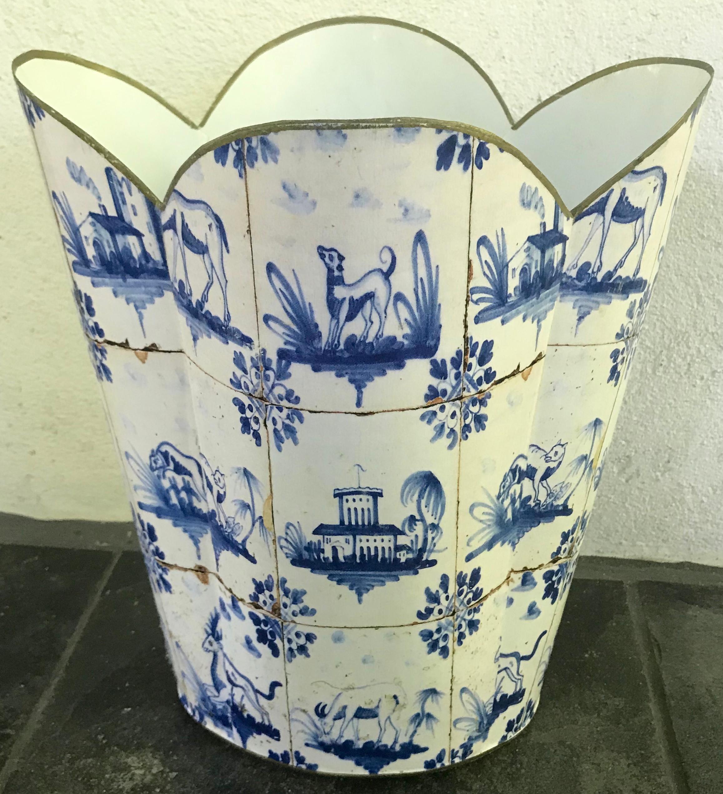 American Blue and White Tole Wastebasket