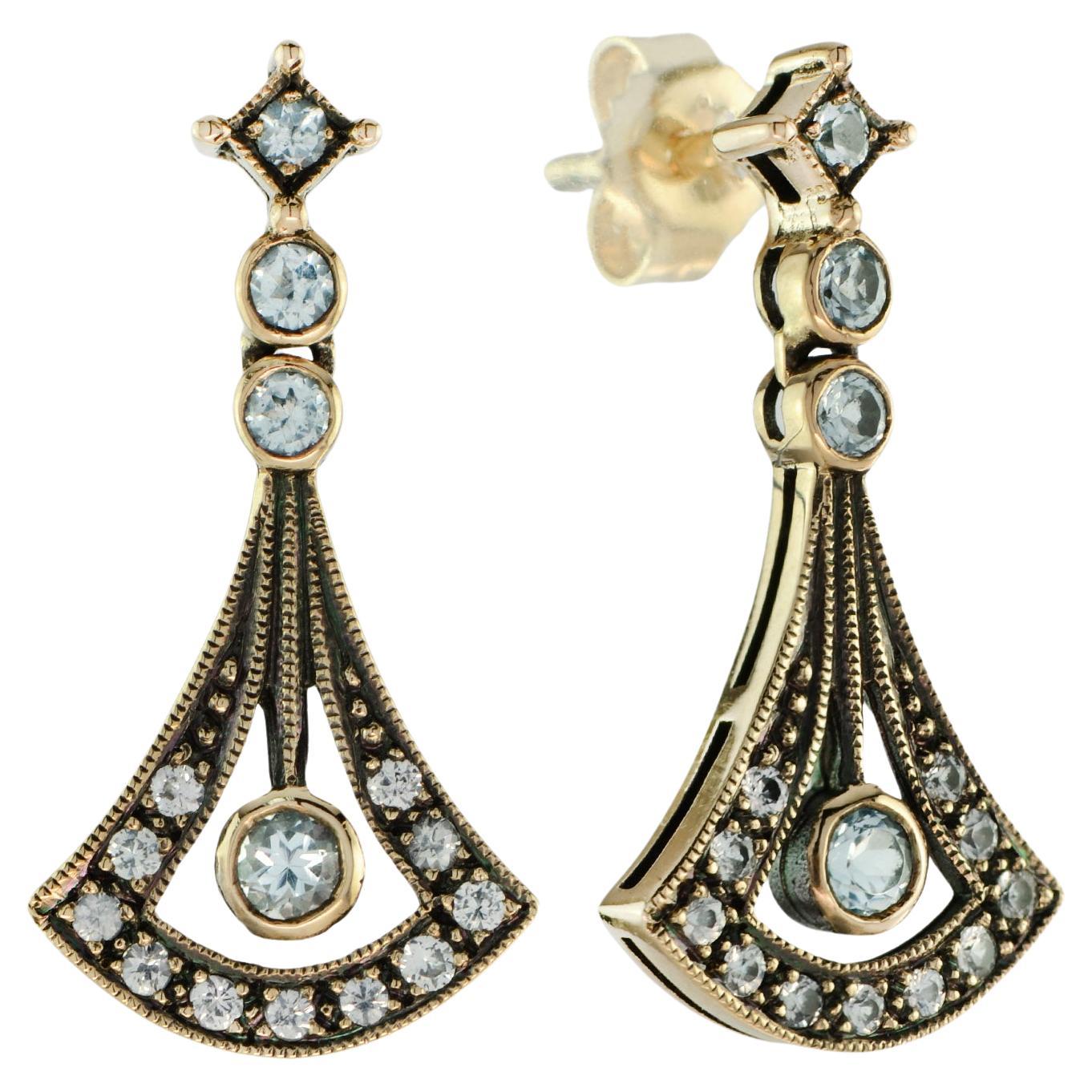 Blue and White Topaz Art Deco Style Drop Earrings in 14K Yellow Gold For Sale