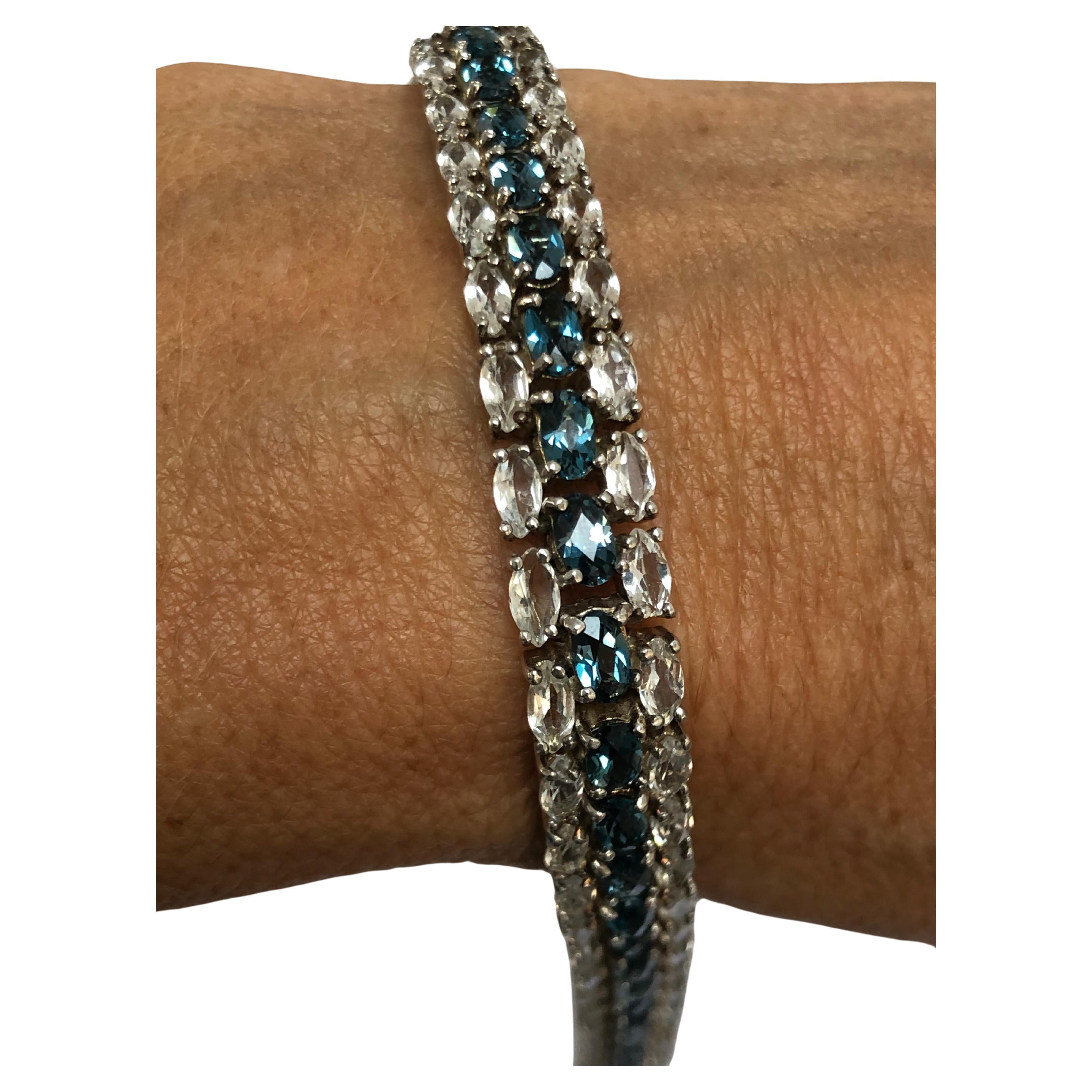 Blue and White Topaz Sterling Bracelet Extra Long In Excellent Condition For Sale In Lake Worth, FL