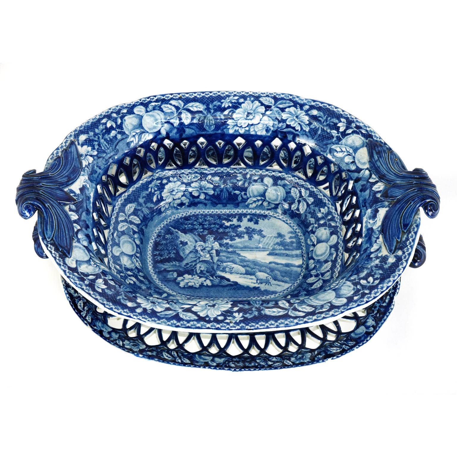English Blue and White Transferware Bowl and Underplate c1800 For Sale