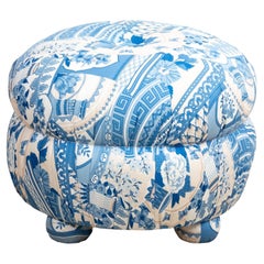 Vintage Blue and White Upholstered Ottoman