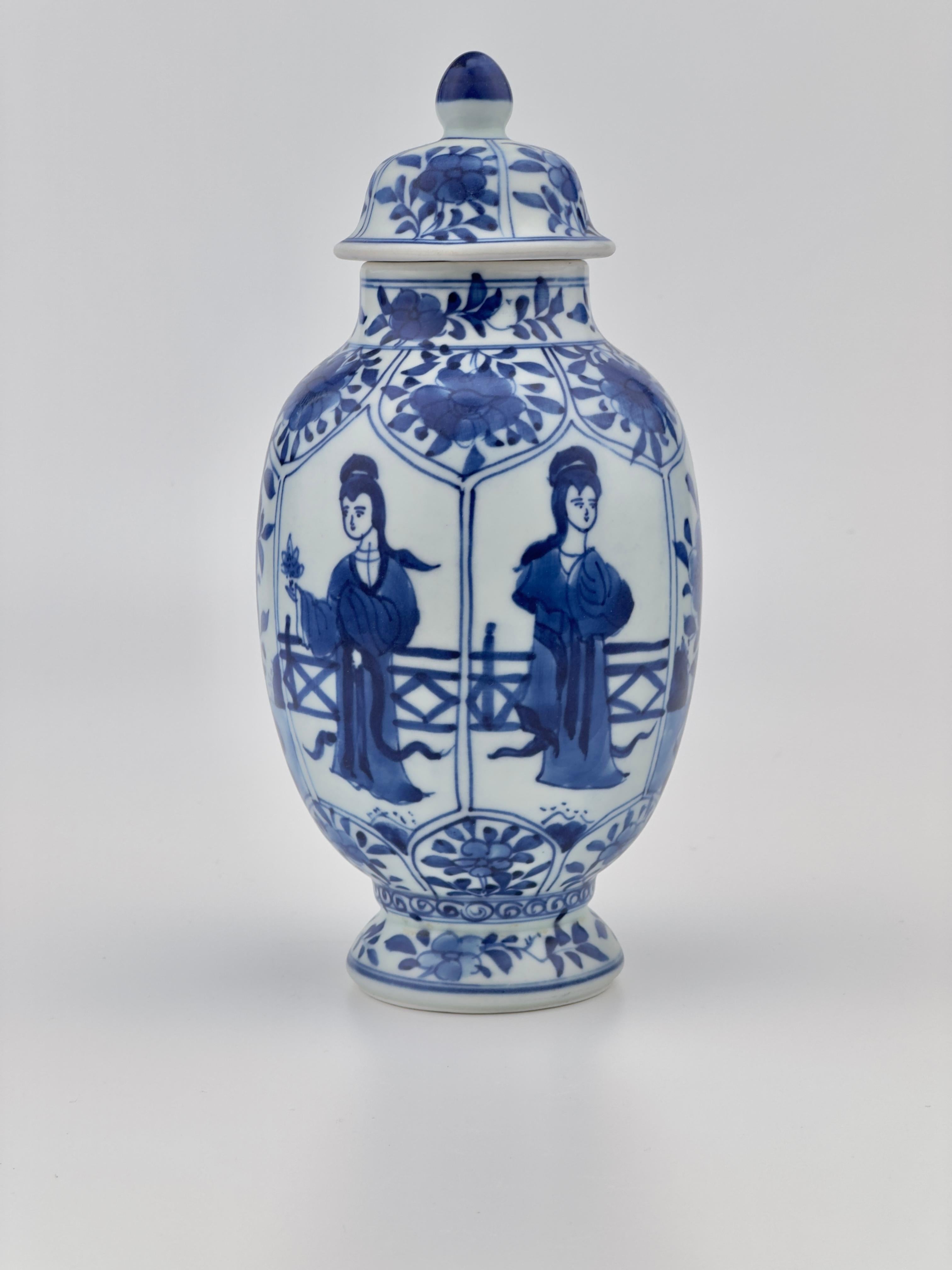 The painting features a typical Kangxi blue and white style depiction of a female figure.

Period : Qing Dynasty, Kangxi reign
Production Date : 1690-1699
Made in : Jingdezhen
Destination : Amsterdam
Found/Acquired : Southeast Asia , South China