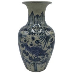Vintage Blue and White Vase with Fish Motif and Calligraphy