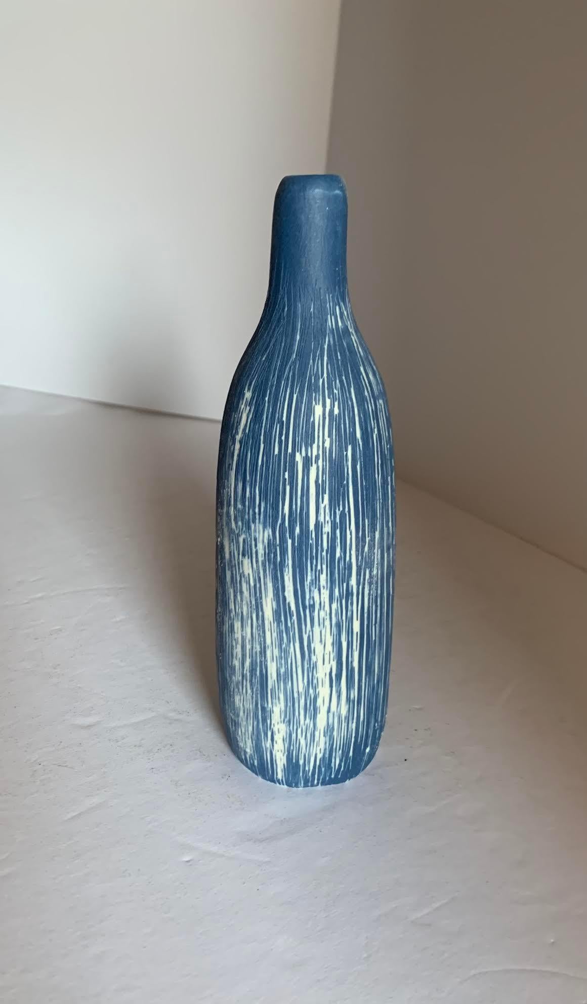 Italian Blue and White Vertical Lines Ceramic Vase, Italy, Contemporary