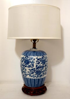 Blue and White Vintage Porcelain Ginger Jar Lamp with Rosewood Base