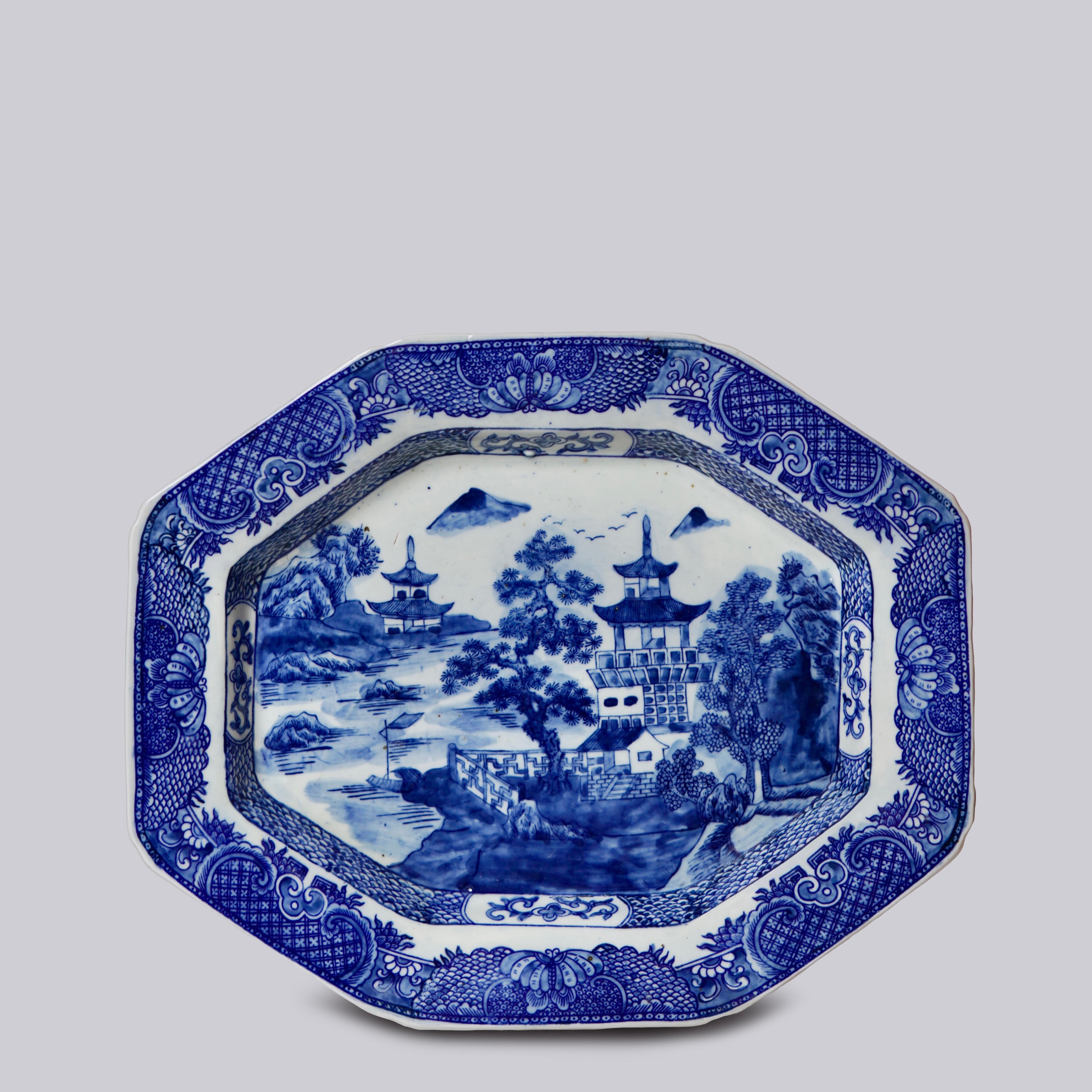 This platter is a traditional style from Jingdezhen, a town long distinguished by imperial patronage. The Willow Ware pattern is a beloved traditional Chinese style that was interpreted and reinterpreted by European potteries and is still popular