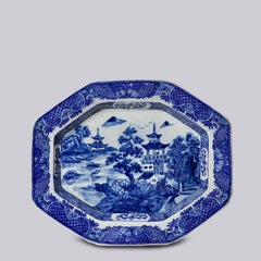 Large Blue and White Willow Ware Octagonal Porcelain Platter