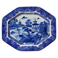 Blue and White Willow Ware Octagonal Porcelain Platter
