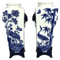 Blue and White Worcester Porcelain Vases England Aesthetic Period Circa 1870