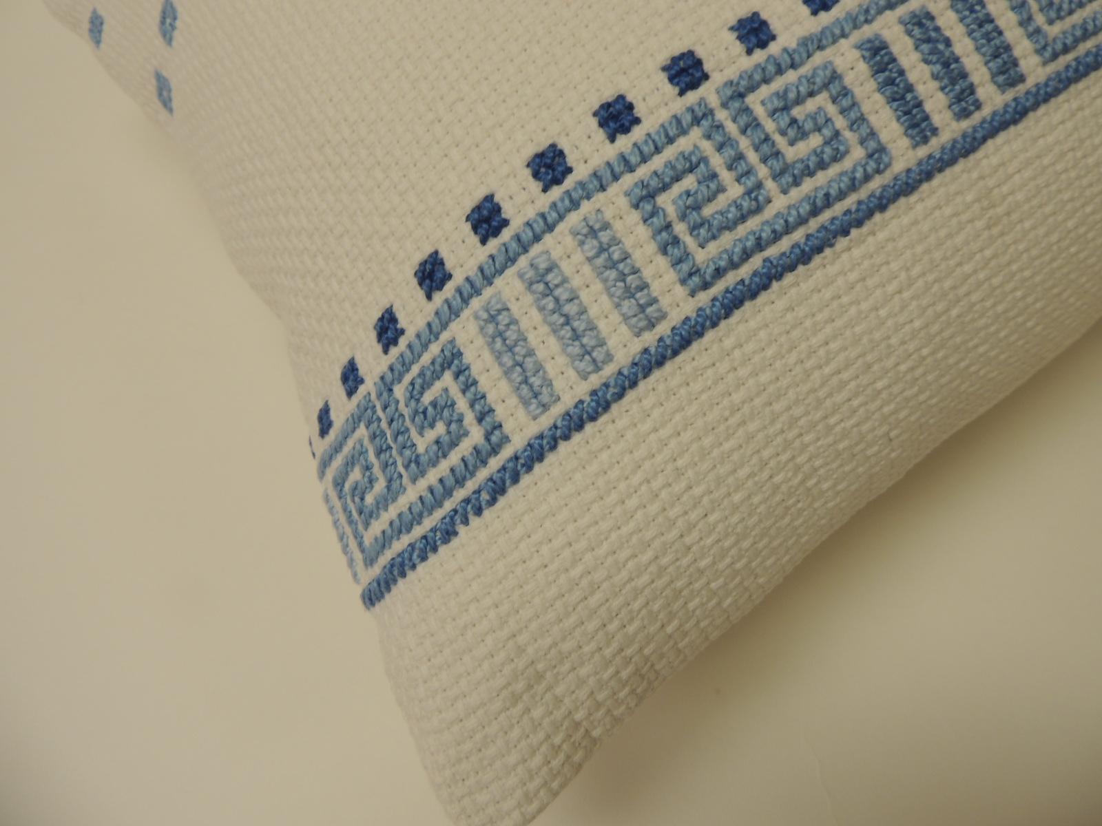 Blue and White Woven Greek Isle Decorative Bolster Pillow In Good Condition In Oakland Park, FL